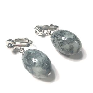 Handmade Black Grey Glass Oval Clip On Earrings Women Gift Jewelry